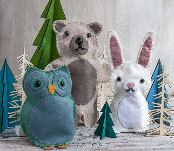 利用不织布制作小动物手偶,小熊,小兔和猫头鹰布偶手工制作方法